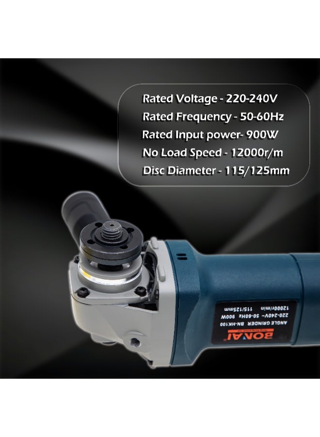 Bonai BN-HK100 Electric Angle Grinder 900W, 12000RPM High-Speed Metal & Tile Cutter, 115/125mm Disc, Heavy-Duty Grinding Tool, 220-240V Power Tool for Cutting, Polishing & Rust Removal - Image 3